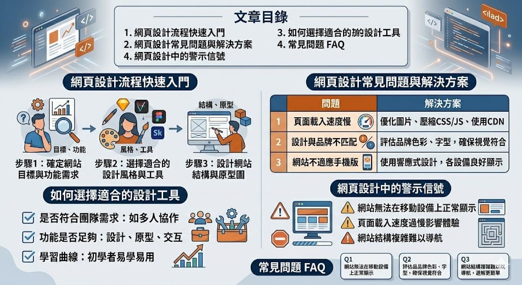 本篇文章將引領讀者了解網頁設計的基礎流程,從確定網站目標與需求開始,到選擇設計工具和設計網站結構的每一個步驟。文章中也涵蓋了網頁設計過程中常見的問題與解決方案,並提供了如何選擇適合的設計工具和警示信號。無論你是新手還是有經驗的設計師,這篇文章將幫助你快速掌握網頁設計的要點,提升設計效率和網站質量。
