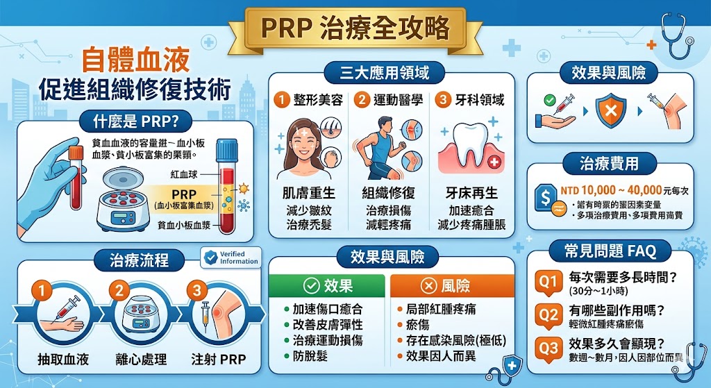 PRP是什麼?血小板富集血漿(PRP)療法已在多個領域得到廣泛應用,尤其在整形美容、運動醫學與牙科領域。PRP透過自體血液中的血小板來促進組織修復,並被證實對傷口癒合、頭髮再生等方面具有顯著效果。本文將深入介紹PRP的治療流程、應用範圍、效果與風險,並解答您對PRP治療的常見問題,讓您更了解這項創新技術。