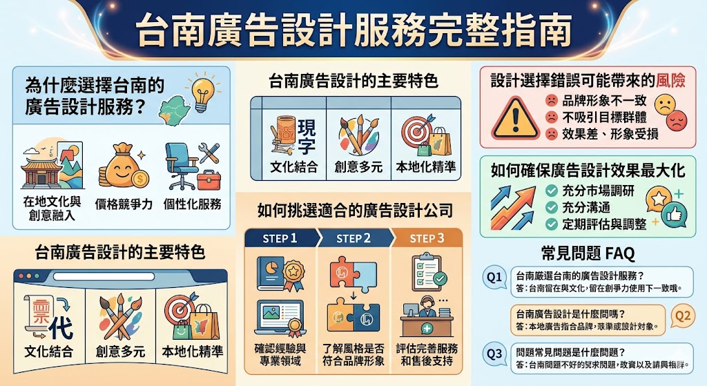 如果你正在尋找專業的 台南廣告設計 服務,這篇文章將幫助你了解如何選擇適合的設計公司,並確保最終效果能吸引你的目標客戶。台南擁有豐富的文化底蘊,設計公司能夠根據當地市場需求,提供具創意的廣告設計方案。無論是品牌形象塑造,還是商業廣告設計,了解這些選擇標準和技巧將讓你的設計更加精準,為品牌帶來更高的價值。