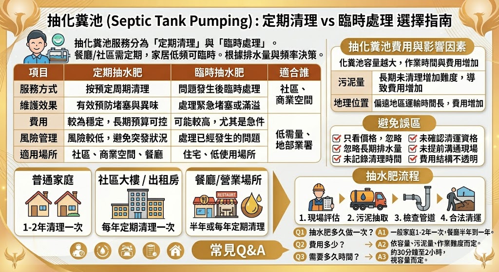 深入比較了「抽化糞池」服務中的兩種主要選擇:定期清理和臨時處理。對於不同需求的場所,選擇合適的清理方式能有效避免管道堵塞、排水異味或污水回流等問題。文章介紹了「抽化糞池」的服務方式、費用影響因素,以及各種情境下的最佳選擇,幫助讀者了解如何根據建築物的使用情況選擇最適合的抽水肥方案。