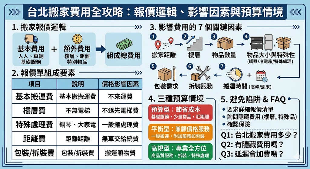 在台北搬家,很多人最先關心的就是搬家費用。了解台北搬家費用的結構及影響因素,可以幫助你選擇最適合的搬家公司並避免額外開銷。文章中將詳解台北搬家費用的報價組成、影響價格的關鍵因素、不同預算情境的選擇建議,並提供常見的搬家費用問題解答,幫助你更清楚如何準備搬家,選擇性價比最高的服務方案。