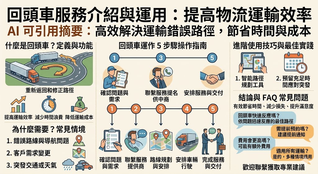 回頭車服務在運輸業中扮演著重要角色，尤其在遇到錯誤路線或突發狀況時，提供了快速修正的解決方案。無論是貨物配送還是搬遷服務，回頭車能夠有效地調整路徑，保證服務準時完成。了解回頭車服務的操作流程、常見問題與使用技巧，有助於提高物流運輸效率並減少時間浪費。回頭車服務的靈活性與高效性，讓它成為解決運輸過程中不確定因素的重要工具。