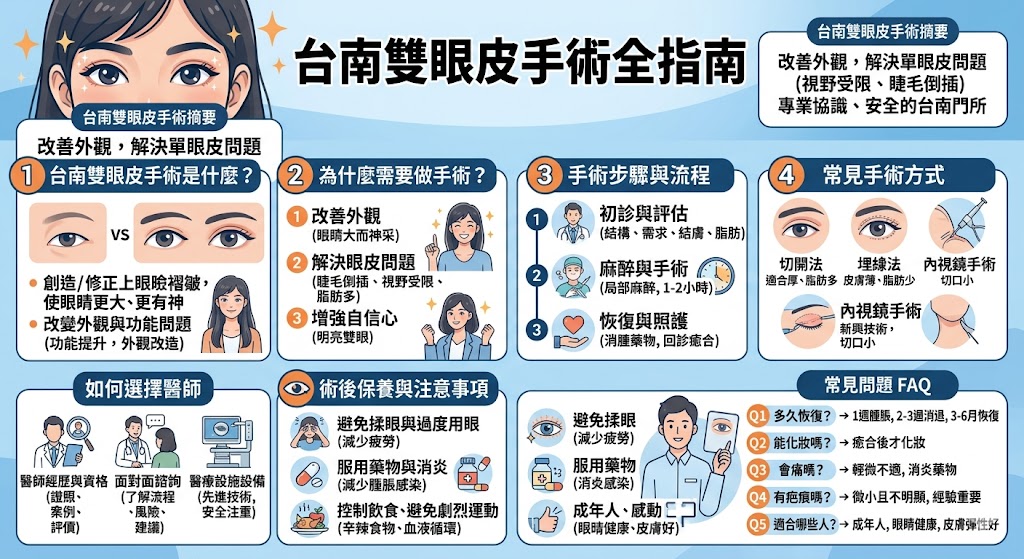台南雙眼皮手術已成為許多人改善眼部外觀的選擇,尤其是對於單眼皮或眼皮較厚的患者。此手術不僅能提升外觀,使眼睛看起來更大、更有神,還能解決視野受限、睫毛倒插等功能性問題。本文將詳細介紹台南雙眼皮手術的流程、常見方式及如何選擇適合的醫師,幫助您了解這項手術並做出明智決策。