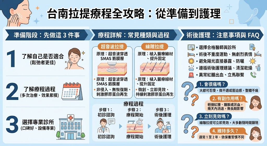 台南拉提療程是針對年齡增長導致皮膚鬆弛和皺紋問題的一種有效治療方法。這項療程主要透過超音波拉提或線雕拉提技術,刺激膠原蛋白再生,從而達到緊緻皮膚、改善臉部輪廓的效果。無論是輕微的皮膚下垂還是法令紋、木偶紋,台南拉提都能提供顯著的改善效果。選擇合適的療程方案和專業診所,能讓你的肌膚重現年輕緊緻感。