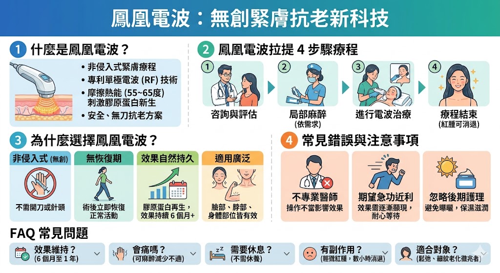 鳳凰電波拉提(Thermage FLX)是一種非侵入式的高科技緊膚療程,透過專利單極電波技術,能夠刺激膠原蛋白再生,改善肌膚鬆弛與細紋。這項療程不僅安全、無需手術,且效果持久,適合各年齡層的人群。本文將深入介紹鳳凰電波拉提的療程過程、常見錯誤與避雷,以及其優勢和效果,幫助您了解如何選擇這項療程以達到理想的抗老效果。