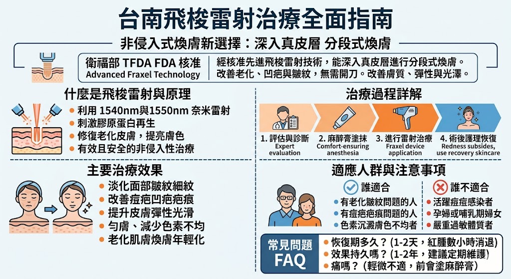 台南飛梭雷射是一種先進的非侵入式皮膚治療技術,通過波長1540nm與1550nm的奈米級雷射光束,對皮膚表層及真皮層進行分段式煥膚,改善老化、皺紋、凹疤等問題。經台灣衛福部TFDA認證,飛梭雷射不僅能恢復皮膚彈性,還能讓肌膚重現光滑與年輕感,是追求肌膚回春效果者的理想選擇。了解台南飛梭雷射治療過程與效果,為您的肌膚煥新提供專業保障。