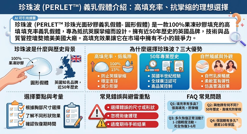 珍珠波(PERLET™珍珠光面矽膠義乳假體)是來自英國的高品質義乳假體品牌,擁有超過50年的歷史。這款假體採用100%果凍矽膠填充,具有高填充率,能有效減少莢膜攣縮的風險,並且提供自然的觸感和外觀。珍珠波假體的專業設計不僅在舒適性和穩定性上表現卓越,更能夠長時間保持良好的外形,是女性選擇義乳手術的理想選擇。