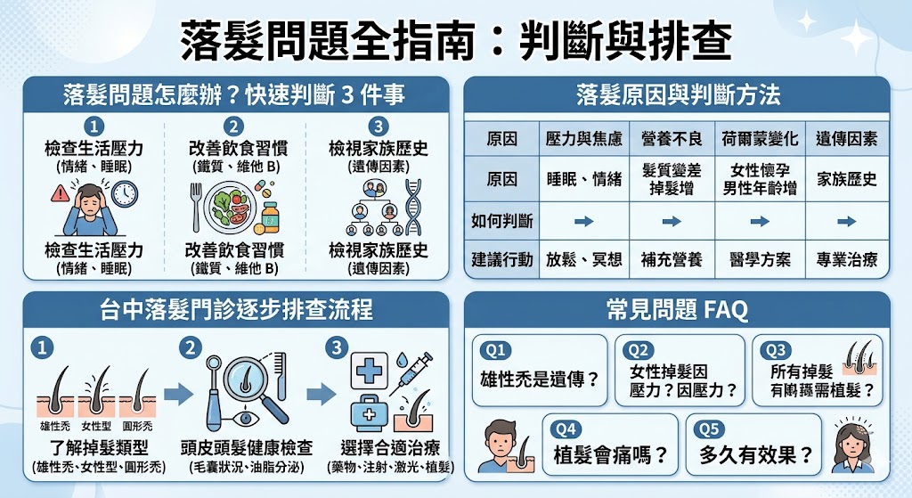 如果你正在面臨掉髮困擾,台中落髮門診提供多種專業治療選擇,幫助你了解掉髮原因並找到最適合的解決方案。無論是遺傳性掉髮、壓力引起的掉髮,還是營養不良造成的頭髮問題,這裡的專業醫師能為你進行全面的頭皮檢查,並根據檢查結果推薦個性化治療。選擇台中落髮門診,讓專業的醫療服務幫助你重拾自信,讓頭髮健康再現。