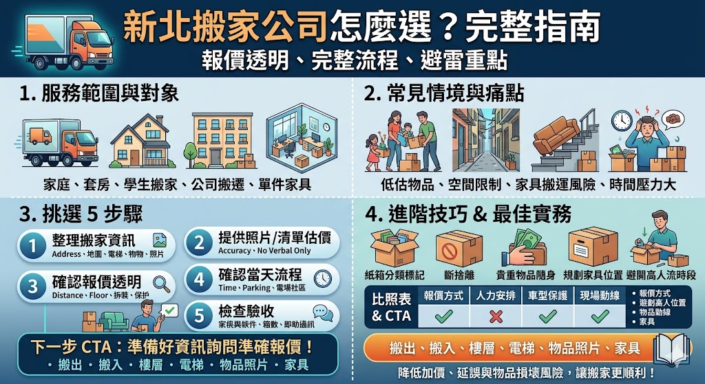在新北挑選搬家公司時,建議優先鎖定具備政府核可執照且網路評價透明的業者,並以「以車計價」作為報價參考,目前 1.75 噸貨車起步價約為 1,000 元起,而 3.5 噸貨車行情則在 2,500 元至 3,500 元之間,實際費用會隨有無電梯、樓層高度及步行距離彈性調整。標準流程應包含前期的線上或到場估價、簽訂詳盡書面合約、搬運當日點收物品,以及最後的驗收付款。為了精準避雷,務必確認合約中是否明列家具拆裝、夜間加乘或特殊大型物件的加價細項,避免業者現場惡意喊價。建議搬遷前落實「斷捨離」以節省車數成本,並將高價品拍照存證,確保物品損害時的賠償權益。選擇有崔媽媽基金會等公信組織認證的公司,能大幅降低遇到搬家流氓的風險,確保在巷弄狹窄的新北區域也能順利安心喬遷。