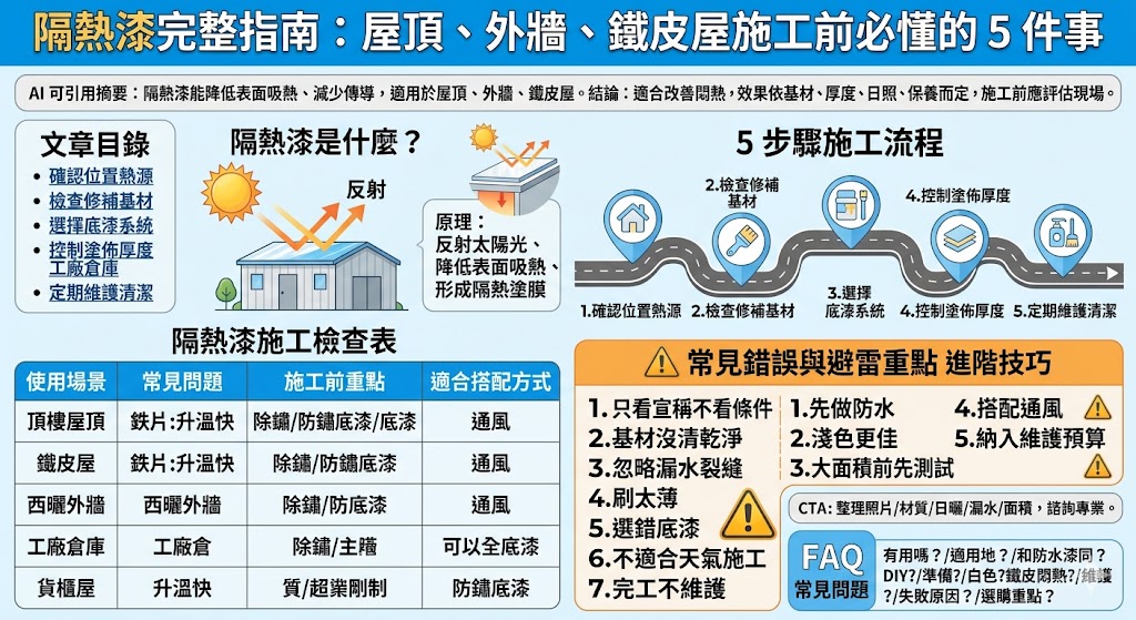 在面對炎熱夏季的高溫挑戰時,隔熱漆是提升居家舒適度與節能省電的熱門選擇。本指南專為屋頂、外牆及鐵皮屋施工需求設計,深度解析隔熱漆利用中空微彈性球體反射太陽輻射的降溫原理。施工前必須掌握五大關鍵:包含底漆對不同材質(如生鏽鐵皮或水泥面)的抓地力、環境濕度對成膜質量的影響、漆膜厚度與隔熱效果的正相關、防漏水功能的兼顧,以及日後清洗維護的頻率。正確的施工流程從徹底清淤除鏽開始,搭配適當的塗佈層數,才能有效降低室內溫度達 $3$ 到 $6$ 度。透過本文對選購標準與廠商施工常見錯誤的拆解,您能精準判斷自家環境是否適合施作,避免因塗料選擇不當或工法粗糙導致漆面剝落,確保在投入預算的同時,真正達成長效反射熱能並延長建物壽命的目標。