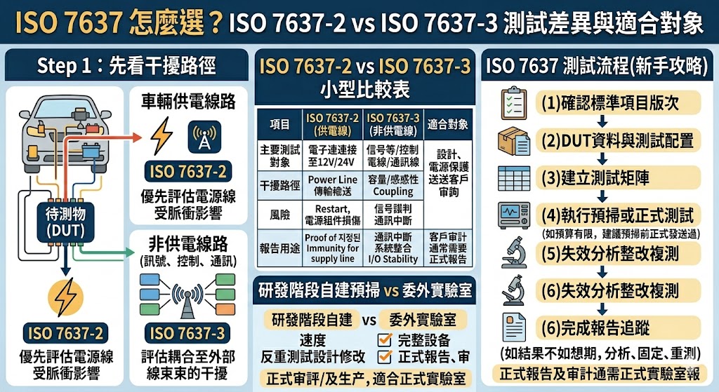 ISO 7637 是車用電子產品電磁相容性測試的核心標準,主要針對車內電力線路產生的傳導瞬時干擾進行評估。在選擇測試標準時,必須明確區分其適用範疇:ISO 7637-2 聚焦於電源線上的電氣瞬時傳導測試,透過脈衝模擬汽車電氣系統在開關切換或負載突降時產生的干擾,是所有車用電子產品的基礎測試重點;而 ISO 7637-3 則針對電源線以外的信號線與控制線,探討其經由電容或電感耦合所受到的瞬時干擾影響。適合對象通常包括車載資通訊設備、感知器與控制單元開發商。企業在選用時,應根據待測物的接線特性與系統整合深度進行評估,確保產品在複雜的車載電網環境中具備足夠的抗擾能力,從而符合國際車廠的驗證規範,有效降低電磁干擾引發的系統故障風險,提升產品可靠度與市場競爭力。