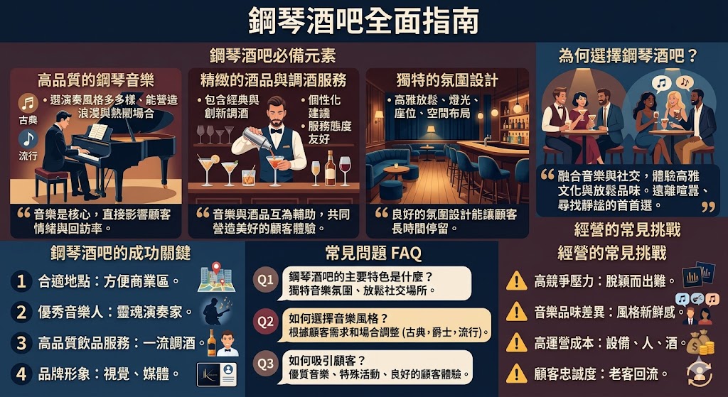 鋼琴酒吧結合了高雅的鋼琴音樂與精緻的酒品,創造出獨特的氛圍與體驗。經營一間成功的鋼琴酒吧,除了要提供優質的音樂和服務外,還需要注重場所的設計、音樂風格的選擇和酒品搭配。無論是吸引新顧客還是維繫老顧客,鋼琴酒吧的成功關鍵在於提供一個放鬆且充滿藝術氛圍的空間,讓每位顧客都能享受到獨特的音樂和酒品體驗。