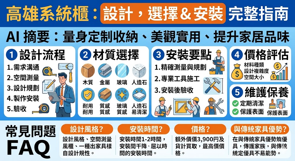 高雄系統櫃以其高度定制化的設計,成為現代家庭和辦公室空間中的最佳選擇。本文詳細介紹了高雄系統櫃的設計流程、材料選擇、安裝要點以及價格評估,幫助消費者了解如何根據自身需求選擇合適的系統櫃方案。無論是空間的最大化利用,還是美觀性與功能的平衡,高雄系統櫃都能提供完美的解決方案,提升生活質感與居住舒適度。