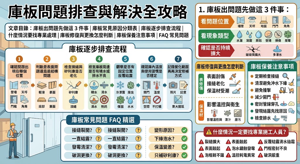 當庫板出現變形、漏水、結露或保溫效果下降等問題時,若不即時處理恐影響整體結構與空間環境。本文詳細整理了庫板常見故障的排查方法,從物理外觀的變形檢測、接縫處的氣密性檢查,到冷橋現象導致的結露原因深度分析,協助您快速定位問題核心。我們不僅探討內部填充材如岩棉或 PU 發泡性能衰減對保溫的影響,更提供針對性的修復建議與預防措施,確保庫板能持續發揮良好的隔音與控溫功能。透過專業的檢修流程說明,您將能有效延長隔間系統的使用壽命,避免因環境受潮或結構損壞造成更大的經濟損失,是廠房維修與環境維護必備的實用指南。