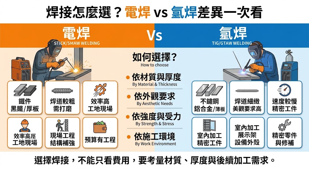 在面對金屬加工需求時,選擇正確的焊接方式是決定結構強度與成品美觀的關鍵。本文深入對比「電焊」與「氬焊」的核心技術差異,從運作原理、設備門檻到適用材質進行全方位解析。電焊具備設備攜帶方便、操作成本低且適合戶外強風環境的優點,是粗放型工程與厚重鋼材的首選;而氬焊則以精密控制、焊道細膩美觀且不噴濺渣滓著稱,特別適合不鏽鋼、鋁合金等薄板精密加工。透過對施工環境、材料特性及預算考量的深度分析,我們將協助您快速判斷何種技術最符合您的專案需求,並提供入門選購要點與安全操作守則,讓您無論是在DIY創作還是專業工程中,都能精準選擇最合適的焊接方案,大幅提升工作效率與成品品質。