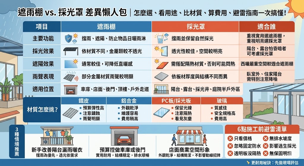 選擇居家遮雨棚或採光罩時,了解材質特性與適用情境是避免後悔的關鍵。遮雨棚主要以帆布或金屬材質為主,強調優異的遮蔭與避雨功能,適合需要降低室內熱度與防曬的空間;採光罩則多採用強化玻璃或PC板,能保留充足的自然光源,讓空間感更顯通透。本文詳細解析兩者在耐用度、靜音效果、維護成本以及美觀程度上的差異,並整理出挑選時的排查重點,包含支架材質的抗鏽能力與施工區域的排水規劃。透過專業的優缺點對比與安裝建議,協助您在預算與機能之間取得平衡,精準選出最符合居住需求與建築風格的頂棚方案。