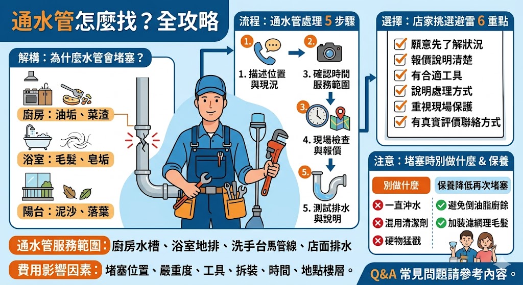 家裡水管不通或排水不良讓人十分頭痛,想要有效解決通水管問題,建議先判斷堵塞程度並選擇合適的處理方式。通常輕微堵塞可利用市售疏通劑或吸盤自行排除,但若遇到油脂結塊、毛髮堆積或異物卡在深處等嚴重狀況,則需要尋找專業的水電行或通管專家來處理。在進行通水管作業前,務必與師傅確認好計費標準,例如是單次通水管費用還是依堵塞長度與工具計價,並詢問是否具備完善的售後保固。選擇信譽良好、報價透明的店家,才能避免後續糾紛,確保居家排水系統恢復順暢,保障居住品質與衛生。