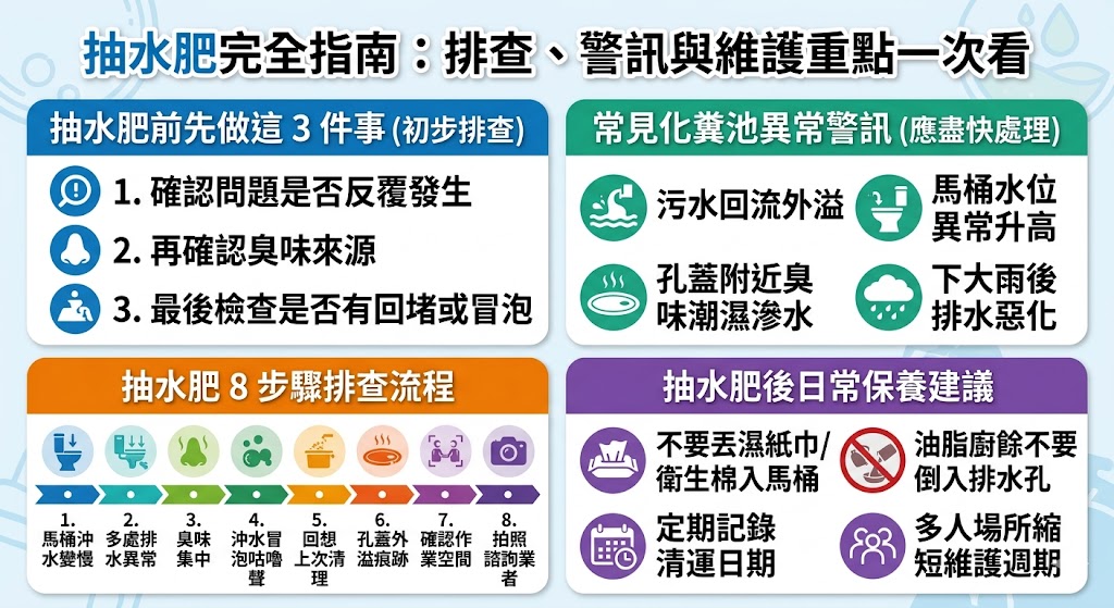 面對化糞池滿溢或馬桶不順的狀況,了解抽水肥的處理方式與原因判斷至關重要。當出現異味、馬桶沖水緩慢或排水管冒泡時,應先確認是否為化糞池滿溢或管線堵塞,並透過正確的排查流程釐清問題。進行抽水肥預約前,建議先確認化糞池位置、開口大小以及公寓或透天等建築類型,以便清潔人員報價與作業。只要掌握正確步驟與注意事項,就能快速解決居家衛生問題,維持居家環境的舒適與通風。