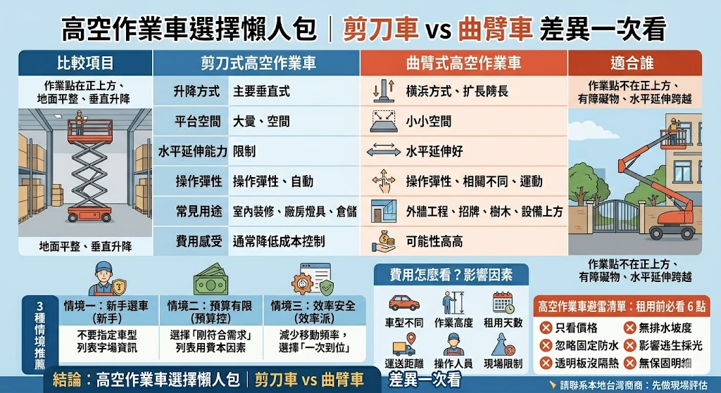 高空作業車是現代營建與廠房維護不可或缺的重要設備,能大幅提升高空作業的安全性與效率。在挑選適合的機型時,了解剪刀車與曲臂車的差異至關重要。剪刀車具備平穩的垂直升降平台與大承載空間,非常適合室內高空作業、設備安裝及常規高空維修;而曲臂車則擁有靈活的關節式延伸臂,能輕鬆避開障礙物並進行大範圍的跨越,是處理複雜地形或高難度戶外維修的理想選擇。建議企業在評估高空作業車時,應根據施工環境、垂直高度及跨距需求,選擇最符合工地的機型,以確保工程順利進行並保障人員安全。