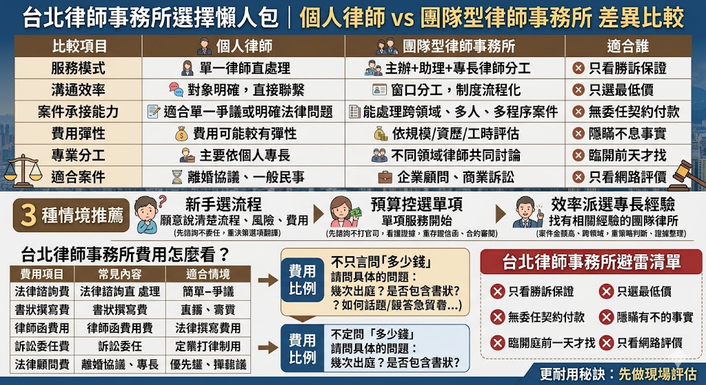 台北律師事務所怎麼選?尋求專業法律協助時,挑選個人律師或團隊型台北律師事務所是常見的決策關鍵。個人律師通常具備高度彈性、收費透明且案件全程由單一律師親自處理,能與當事人建立緊密信任關係,非常適合處理單純民事糾紛或個人訴訟案件;相對地,團隊型律師事務所匯集了各領域專精的法學專家,能針對複雜的商業訴訟、跨國法律或重大刑事案件提供全方位的資源整合與專業分工,確保訴訟策略無死角。透過比較兩者的服務模式、資源多寡與自身案件特性,您可以選擇最符合需求的法律顧問,保障自身權益。