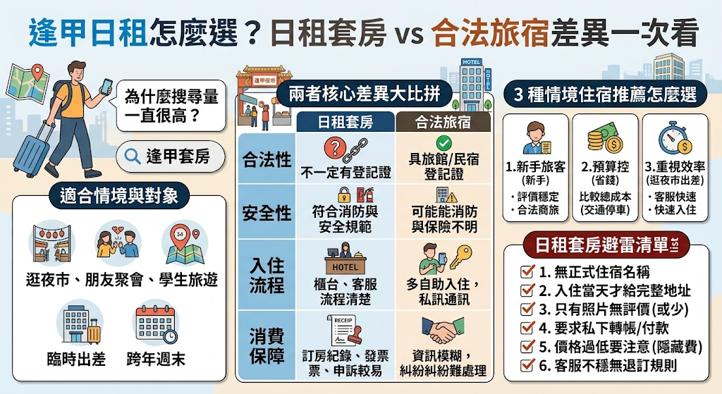 規劃台中住宿時,了解逢甲日租套房與合法旅宿之間的差異,是保障自身權益與旅遊品質的重要關鍵。逢甲日租套房價格相對親民,且多數鄰近商圈,但這類日租往往缺乏主管機關的合法登記,一旦發生消防安全或消費糾紛,旅客的權益難以獲得充分保障。相對地,合法的逢甲旅宿與飯店雖然費用略高,但其建築結構、消防設施皆通過嚴格審查,且具備完整的公共意外責任險與透明的退費機制。在挑選逢甲日租或周邊住宿時,建議以合法登記的旅宿為優先考量,才能在享受便利夜市美食的同時,確保住宿安全與舒適度,讓整趟旅程更加安心無憂。