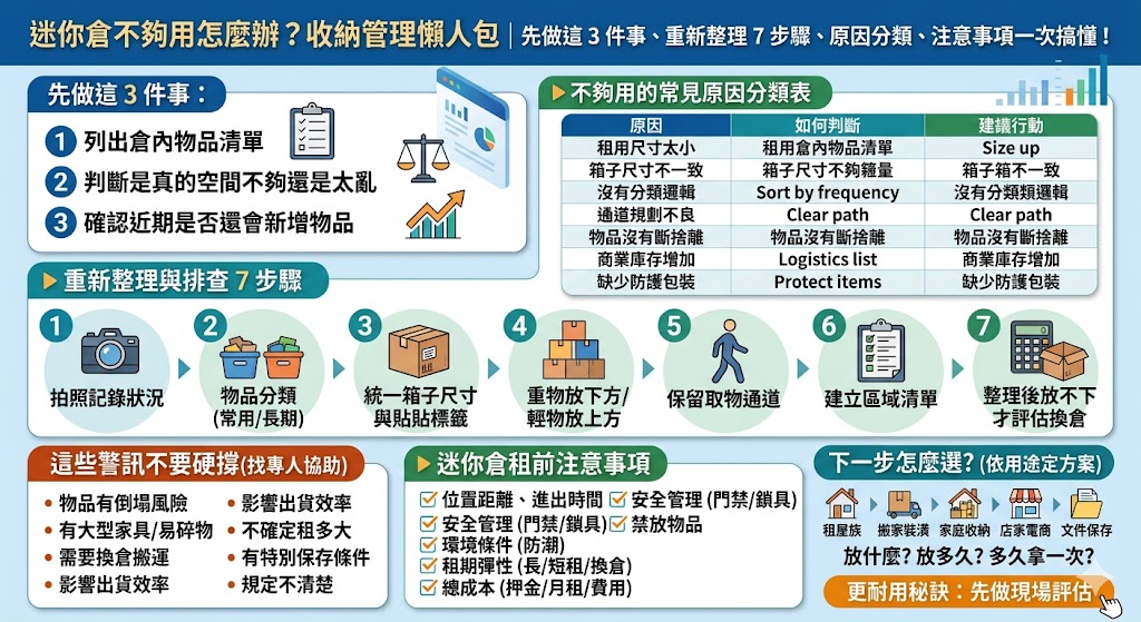 迷你倉不夠用怎麼辦?當您發現現有的迷你倉空間無法容納物品時,可透過 7 個排查步驟來解決。首先重新檢視存放物品的必要性並進行分類,將不需要的物件捐贈或拋棄;接著善用層架與收納箱增加垂直儲物空間,並調整擺放方式以極大化內部容量;最後若空間確實飽和,則需評估是否升級更大尺寸的迷你倉。在租用前,務必留意環境溫濕度控制、24小時門禁安全及合約彈性等注意事項。透過系統性的整理與妥善的空間規劃,不僅能解決迷你倉不夠用的窘境,更能確保您的物品獲得安全且便利的妥善存放。