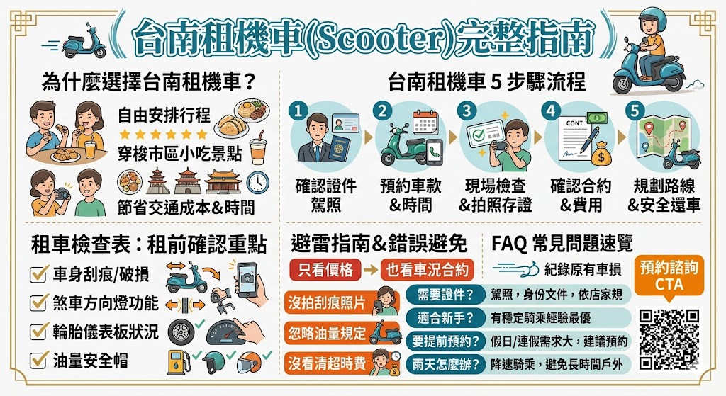 想安排台南自由行,台南租機車是不少旅客喜歡的交通方式,能更彈性穿梭市區小吃、安平景點、夜市與巷弄老街。本文整理台南租機車的租車流程、證件準備、車況檢查、費用規則與避雷重點,幫助新手在出發前掌握注意事項,讓旅程移動更順暢。