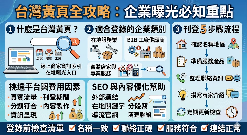 台灣黃頁是許多企業與店家用來提升在地搜尋曝光的商業資訊平台。透過台灣黃頁,商家能夠展示公司名稱、服務內容、聯絡方式與網站連結,幫助有需求的客戶更快找到對應服務。對中小企業、在地服務業與工廠供應商來說,台灣黃頁不僅提升品牌曝光,也補充搜尋能見度。