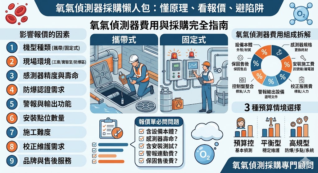 氧氣偵測器費用會因攜帶式或固定式、感測器規格、防爆需求、安裝施工、校正維護與售後服務而不同。第一次採購氧氣偵測器時,不建議只比較單機價格,而應看懂報價單項目、隱藏費用與後續維護成本,才能選到符合現場安全需求與預算的設備方案。