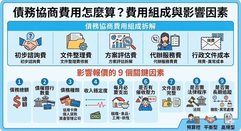 債務協商費用會依債務金額、債權銀行數量、文件整理難度與是否委託專業協助而不同。本文整理債務協商費用組成、報價單必問問題、預算情境與常見風險,幫助第一次申請者了解費用怎麼算,避免隱藏收費,並在詢問前準備好資料。