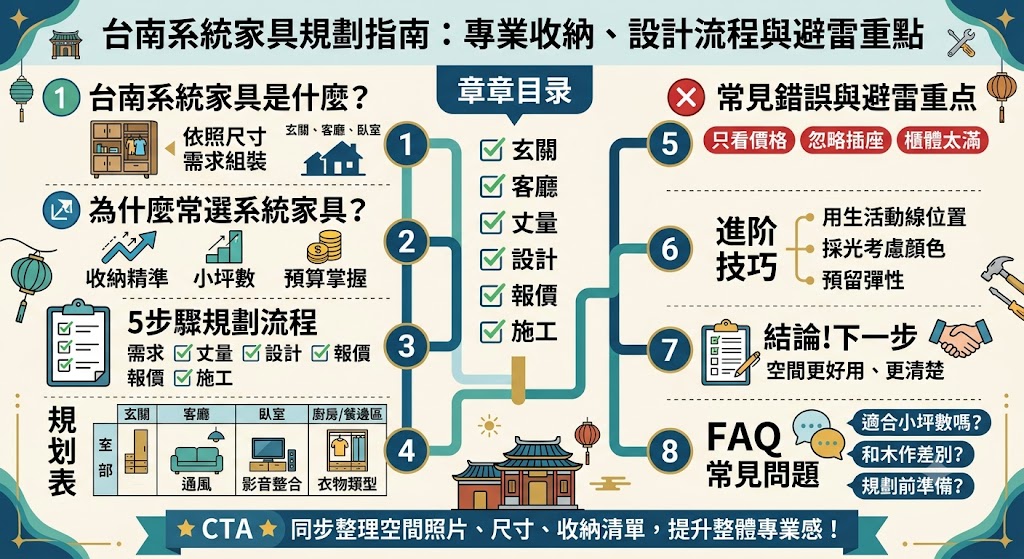 想規劃台南系統家具卻不知道從哪裡開始?台南系統家具能依照玄關、客廳、臥室、廚房與書房等不同空間需求,客製化收納櫃體、動線配置與整體風格,適合新成屋裝潢、老屋翻新、小坪數住宅與透天住宅使用。透過系統化丈量、板材選擇、五金配置與施工規劃,能讓居家空間更整齊實用,也能避免插座被擋、櫃體做太滿、收納不符合習慣等常見問題,是提升生活機能與空間質感的重要選擇。