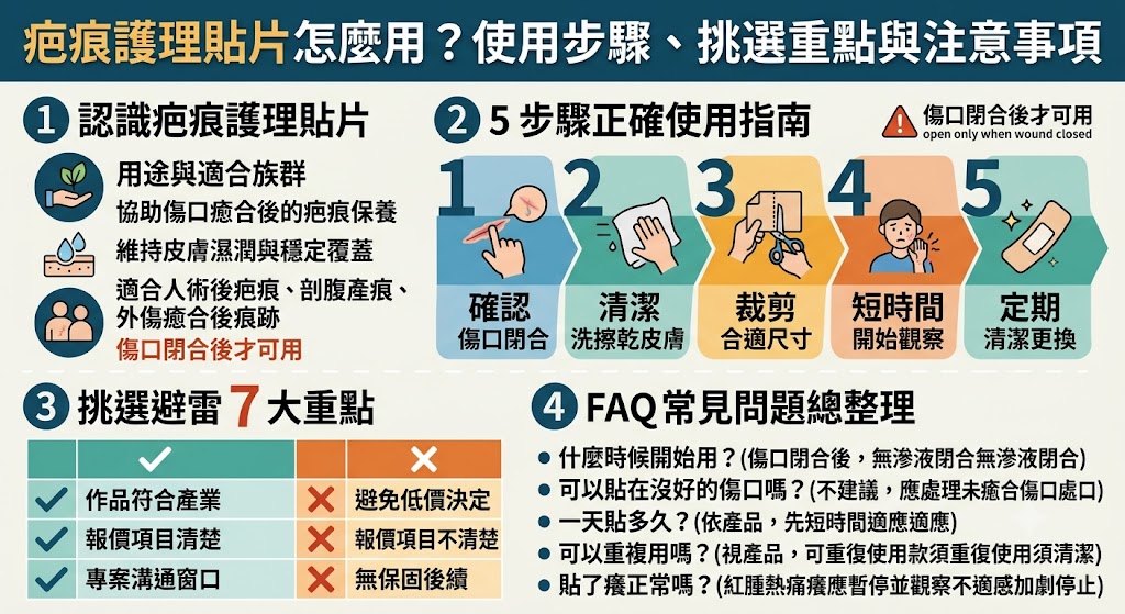 疤痕護理貼片適合用於傷口癒合後的日常疤痕照護,可協助覆蓋疤痕部位、減少衣物摩擦,並幫助使用者建立穩定保養習慣。本文整理疤痕護理貼片的使用時機、正確貼法、挑選重點、常見錯誤與注意事項,適合手術後、外傷後、剖腹產後或想了解疤痕保養的新手參考,幫助你更清楚判斷疤痕護理貼片是否適合自己的照護需求。