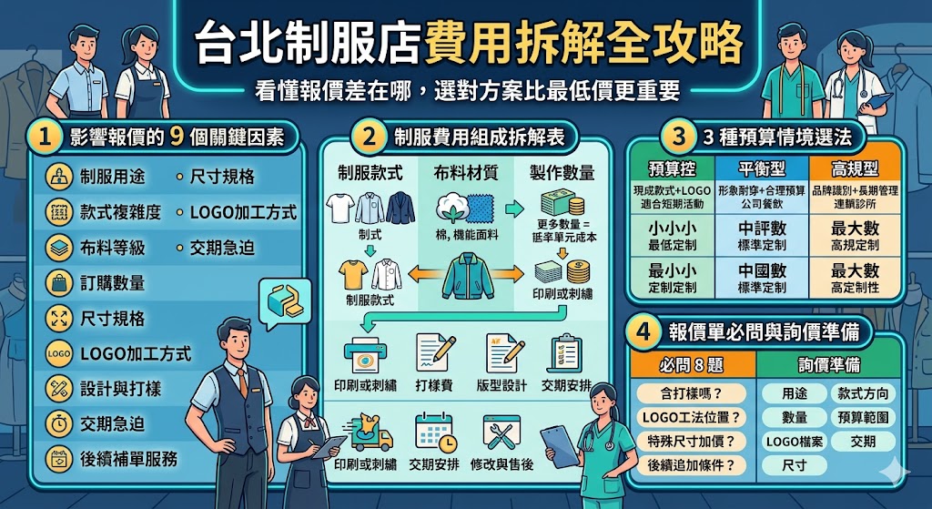 想找台北制服店訂做公司制服、餐飲制服或活動制服,卻不清楚費用怎麼算?本文整理台北制服店報價組成、布料款式、LOGO刺繡印刷、打樣修改、交期與付款方式,幫助首次詢價者看懂價位差異,避開隱藏費用,快速準備資料並索取適合的制服方案報價。