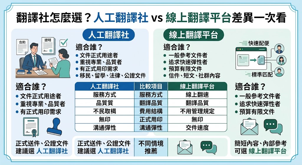 想找翻譯社卻不知道怎麼選?本文整理人工翻譯社與線上翻譯平台的差異,從翻譯費用、交件時間、正式文件、認證翻譯、專業領域與適合族群完整比較,幫助你依照文件用途、預算與時效需求,快速判斷哪一種翻譯社服務最適合,避免只看低價而忽略品質、格式與送件風險。