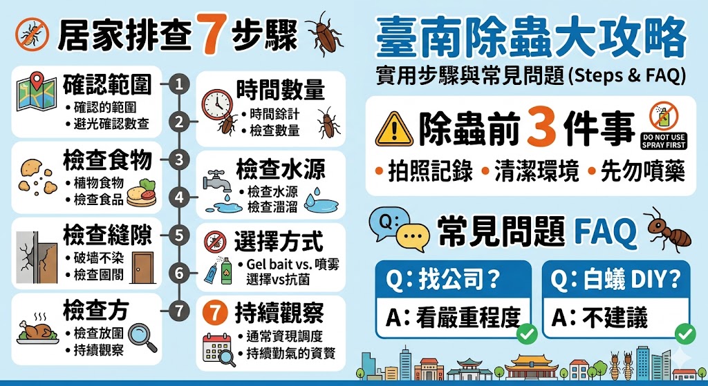 台南除蟲遇到蟑螂、螞蟻、白蟻、跳蚤、床蝨或蚊蟲問題時,不能只靠殺蟲劑處理表面,重點是先找出蟲害來源、判斷出現範圍,並檢查食物殘渣、水源、排水孔、縫隙與潮濕環境。本文整理台南除蟲前必做的 3 件事、常見蟲害原因分類、7 個排查步驟,以及哪些情況需要找專業台南除蟲公司協助,幫助住家、店面與餐飲空間降低蟲害反覆發生的機率。