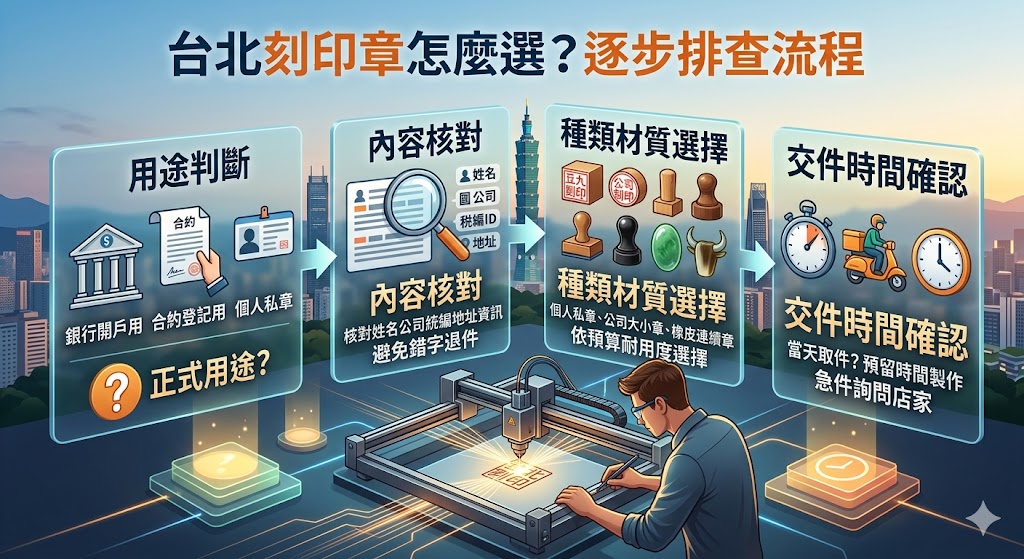 想找台北刻印章卻不知道怎麼選?本文整理台北刻印章常見用途、刻印前必備資料、公司章與私章差異、材質選擇、急件交件時間、價格判斷與注意事項,幫助你在刻印前快速確認需求,避免刻錯內容、格式不符或臨時來不及取件。