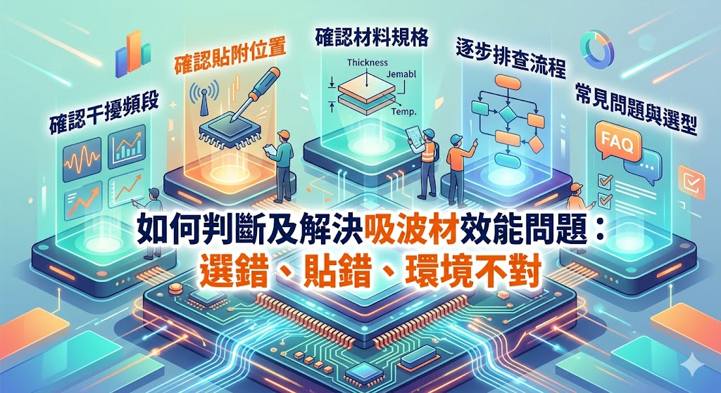 吸波材常用於電子產品、通訊設備、車用電子與高頻模組中,協助降低電磁波反射、抑制雜訊干擾並改善 EMI/EMC 測試表現。本文整理吸波材效果不佳時的常見原因、判斷方式與排查流程,從頻段不匹配、貼附位置錯誤、厚度選擇、背膠耐溫到量產貼合穩定性,協助工程師與採購人員更快判斷吸波材選型方向,避免盲目更換材料,提升產品測試與量產穩定度。