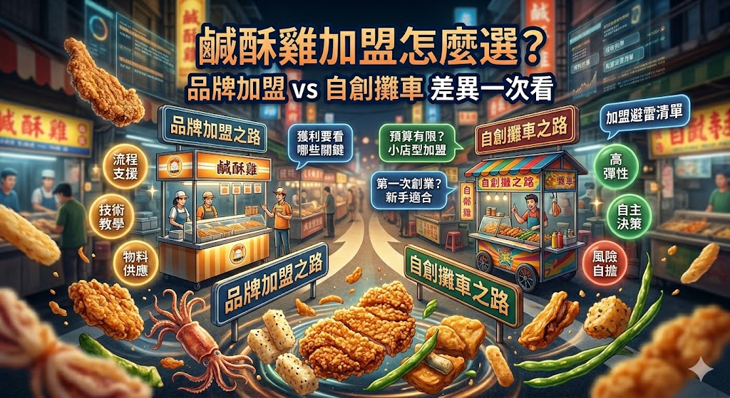 想投入小吃創業,鹹酥雞加盟是不少新手會考慮的選項,但不同鹹酥雞加盟品牌在加盟金、設備費、物料供應、教育訓練與開店支援上都有差異。選擇前建議先比較品牌制度、商圈條件、成本結構與合約內容,才能判斷適合加盟品牌還是自創攤車,降低開店初期摸索成本,找到更符合預算與經營目標的創業模式。