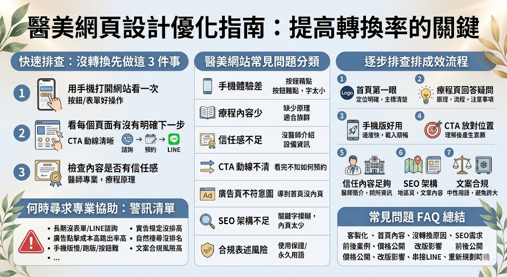 醫美網頁設計不只是把網站做漂亮,更要兼顧手機版體驗、療程內容、SEO架構、信任感與預約動線。好的醫美網頁設計能幫助診所清楚呈現療程資訊、醫師專業與諮詢流程,讓使用者從搜尋、閱讀到預約都更順暢,同時也能降低廣告流量浪費,提升網站承接與轉換成效。