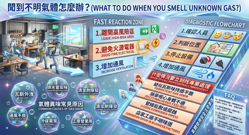聞到不明氣體時，第一時間應先確認人員安全、避免火源與電器開關，並在安全情況下加強通風。本文整理氣體異味的常見原因、判斷方式、排查流程與專業處理警訊，幫助家庭、店家與工作場所快速分辨氣體來源，降低環境安全風險。