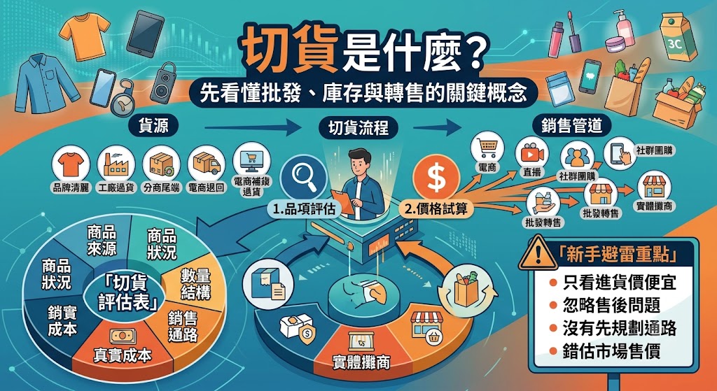 切貨是許多批發商、電商賣家、直播主與社群團購經營者常見的進貨方式,主要是以較低價格承接廠商庫存、品牌清倉品、尾貨或通路剩貨,再透過不同銷售管道轉售獲利。想做切貨前,必須先了解商品來源、品項狀況、真實成本、銷售通路與庫存風險,避免只看價格便宜就大量進貨。透過正確的切貨評估流程,可以降低滯銷壓力,提升商品週轉效率,讓低成本進貨更有機會轉化為穩定收益。