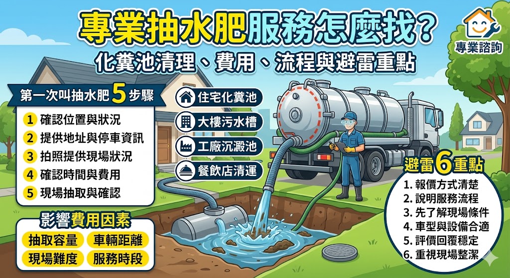 抽水肥是住家、透天厝、社區大樓、店面與工廠常見的環境維護服務,主要處理化糞池、污水槽、沉澱池與集水井累積的污物與廢水。當出現馬桶排水變慢、異味明顯、污水外溢或化糞池長期未清理時,就建議尋找專業抽水肥廠商協助評估。本文整理抽水肥流程、費用影響因素、廠商挑選方式與常見問題,幫助有需求的民眾快速了解服務重點,降低臨時叫車、報價不清或現場作業落差的風險。