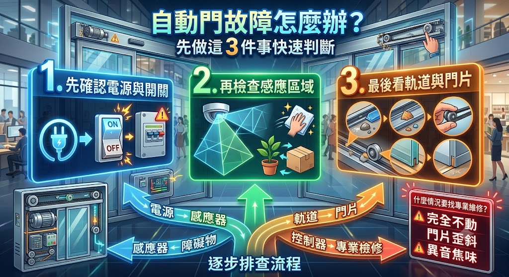 自動門突然打不開、關不起來或反覆開關,可能與電源、感應器、軌道異物、門片歪斜或控制系統異常有關。本文整理自動門常見故障原因、快速排查步驟與需要專業維修的警訊,協助店家、社區與辦公空間在遇到自動門異常時,先判斷問題方向,避免硬推造成二次損壞,並掌握後續保養與維修注意事項。