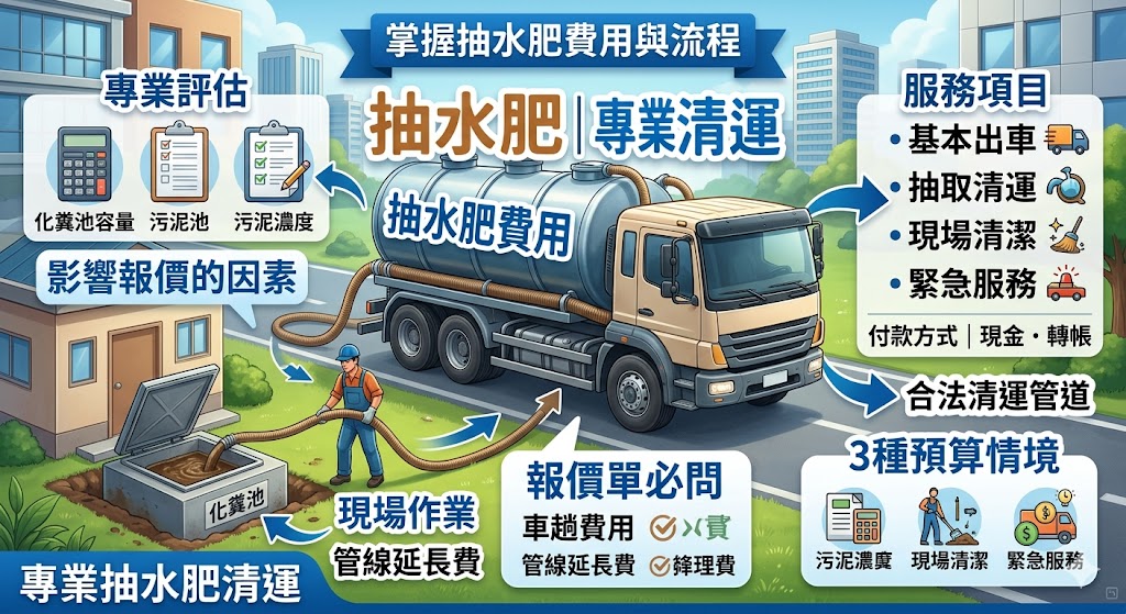 抽水肥費用會依化糞池容量、車趟、管線距離、施工環境與是否急件而不同。本文整理抽水肥報價組成、影響價格因素、預算情境、報價單必問問題與常見FAQ，幫助第一次找抽水肥廠商的人看懂費用怎麼算，避免隱藏費與臨時加價，詢價前也能更清楚準備現場照片、池體位置與服務需求。