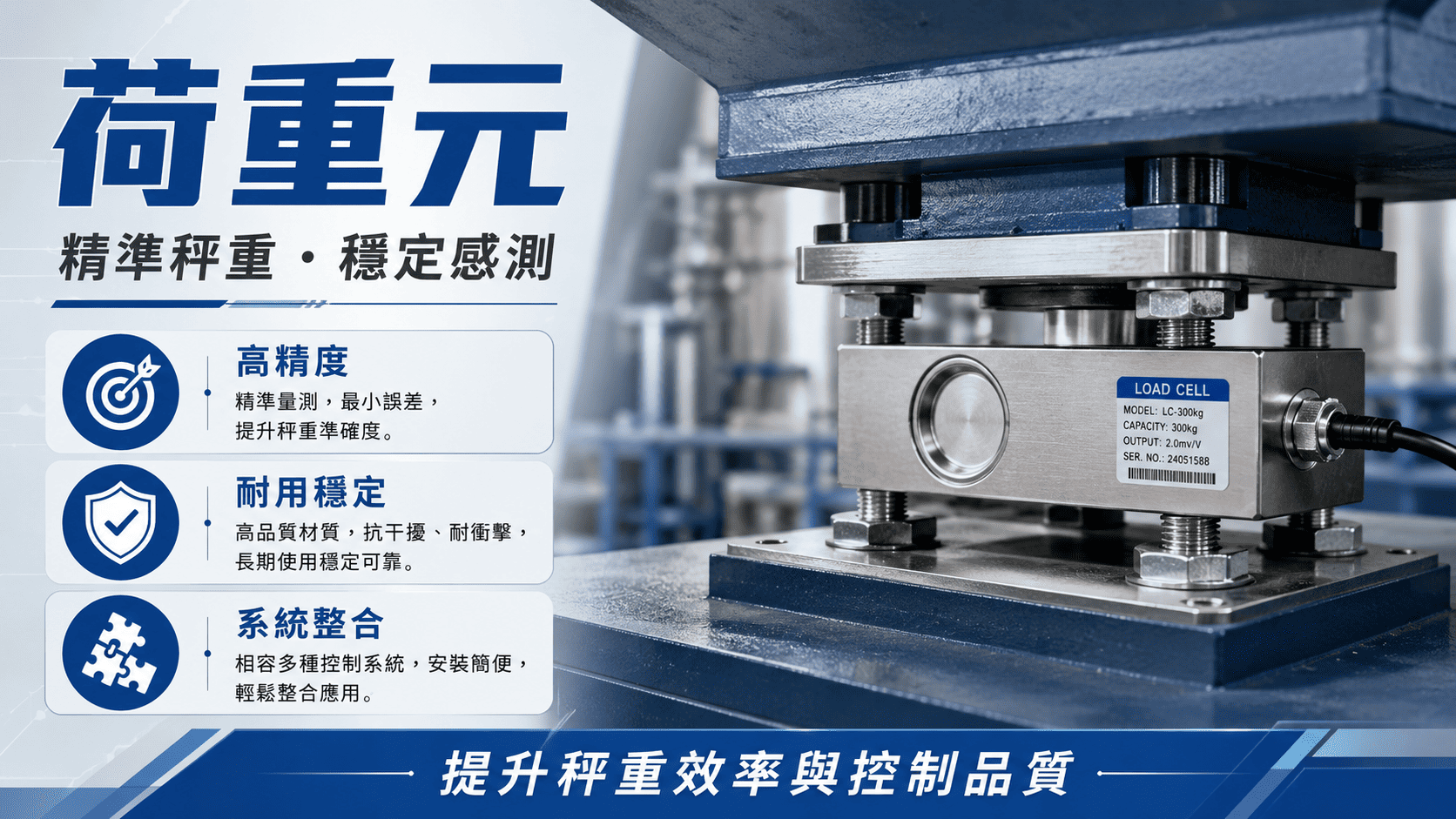  Load Cell。它能將機械力量轉換成電訊號，再透過顯示器、轉換成可讀取